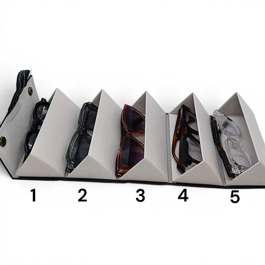 nadaraty eyewear gray fabric glasses organizer holding 5 pairs of sunglasses and eyeglasses