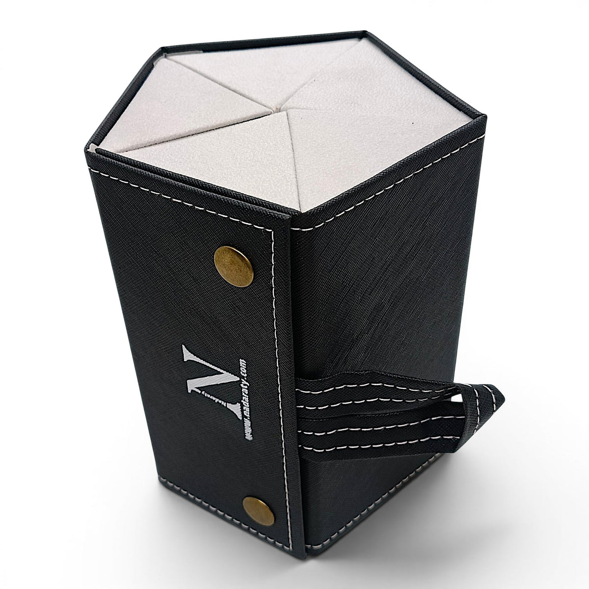 Black faux leather glasses organizer with white stitching and brass snaps. Holds 5 pairs of glasses.