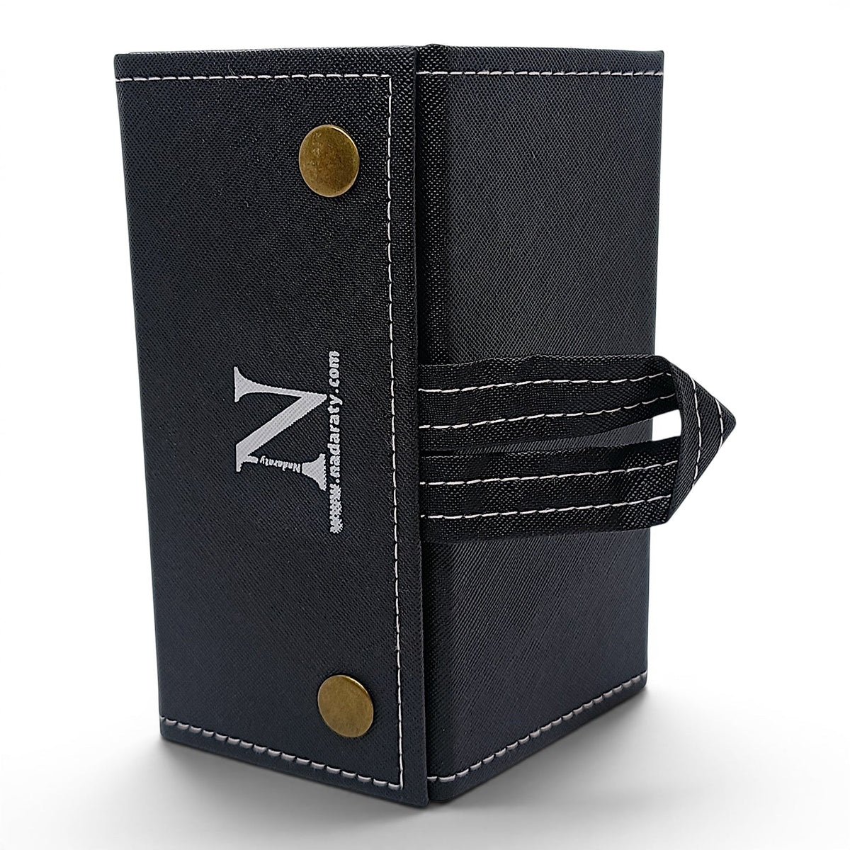 Black glasses organizer case by nadaraty eyewear with snap closure and loop handle. Stores 5 pairs.