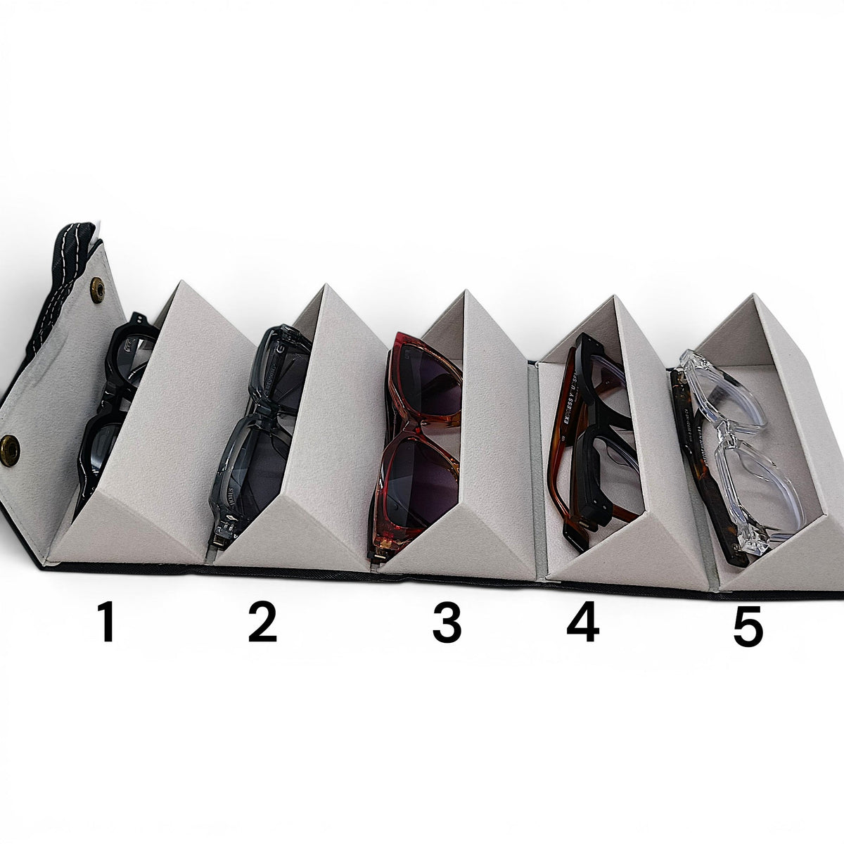nadaraty eyewear gray fabric glasses organizer holding 5 pairs of sunglasses and eyeglasses