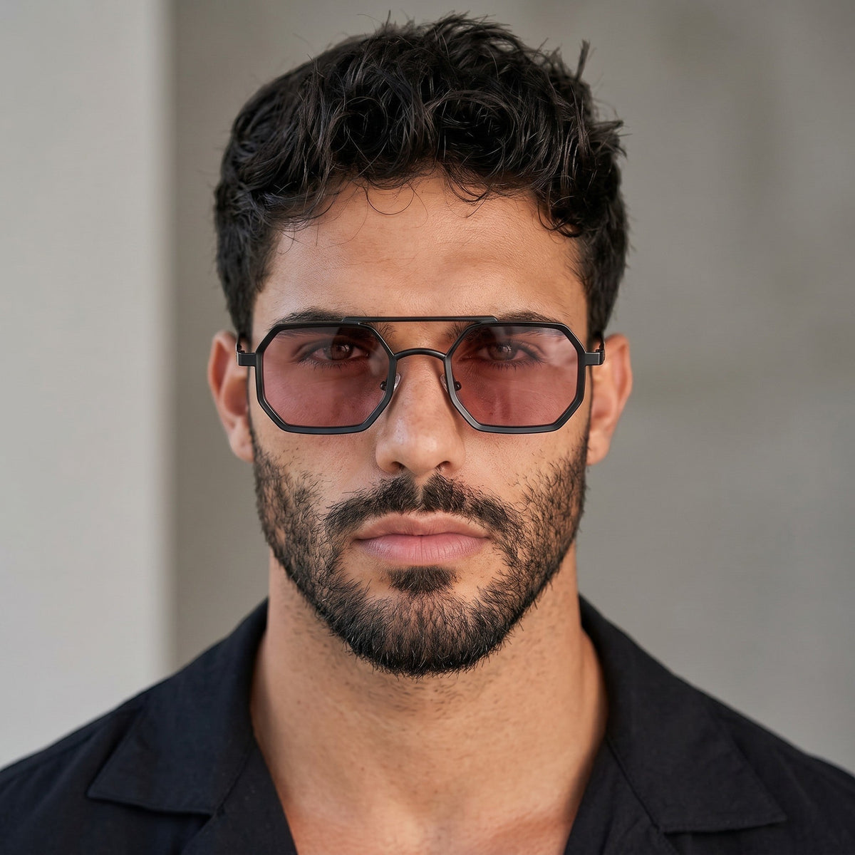 nadaraty eyewear Horus Eclips black metal hex-aviator sunglasses with pink lenses and double bridge.