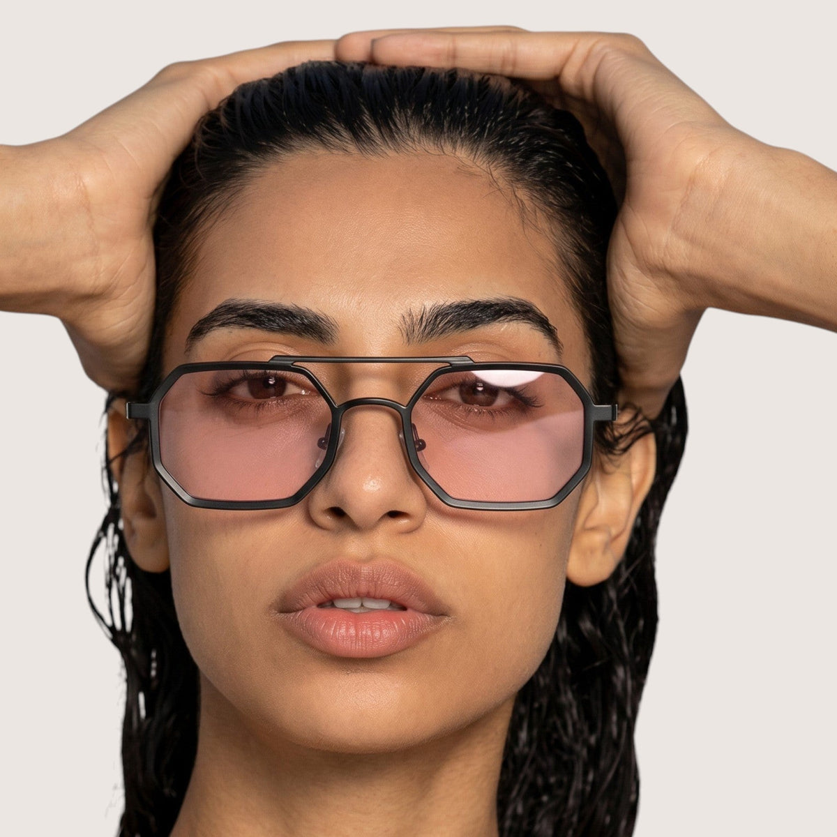 nadaraty eyewear Horus Eclips black metal hex-aviator sunglasses with pink lenses and double bridge.