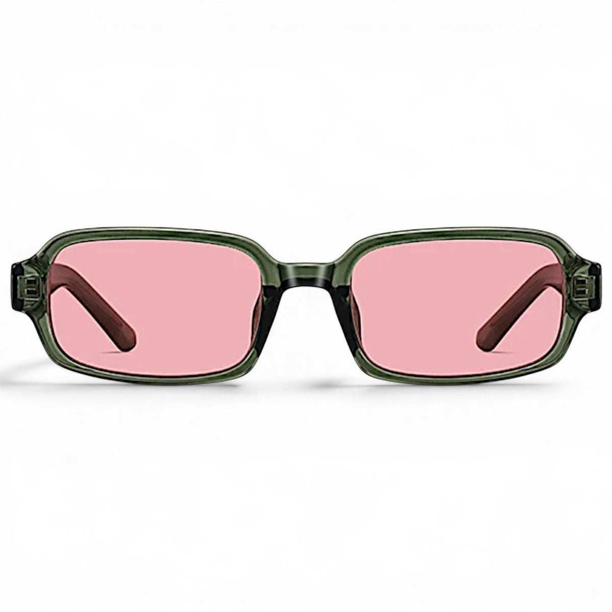 nadaraty eyewear Horus Dante h188 rectangular sunglasses with green acetate frames and pink lenses.