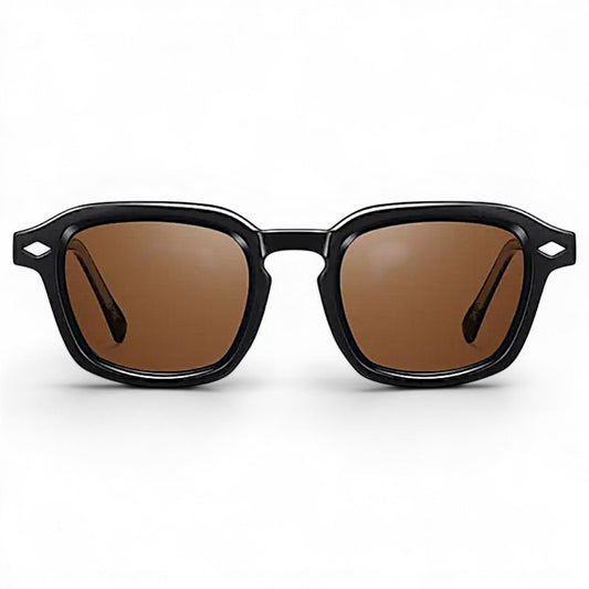nadaraty eyewear Horus Delta H 82 black acetate sunglasses with brown lenses and diamond accents.