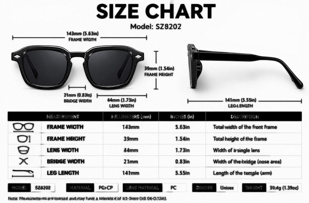 nadaraty eyewear Horus Dilta H 82 black acetate square sunglasses with UV400 lenses. Size chart details.