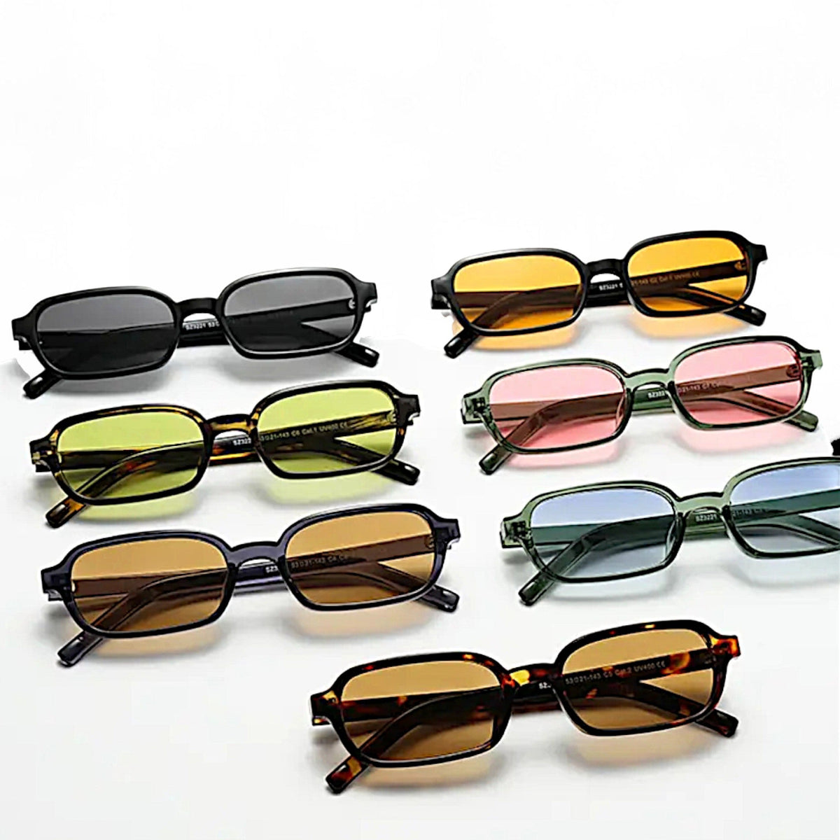 nadaraty eyewear Horus Eagle H 193 rectangular sunglasses in black, yellow, green, pink, blue, and tortoise shell.