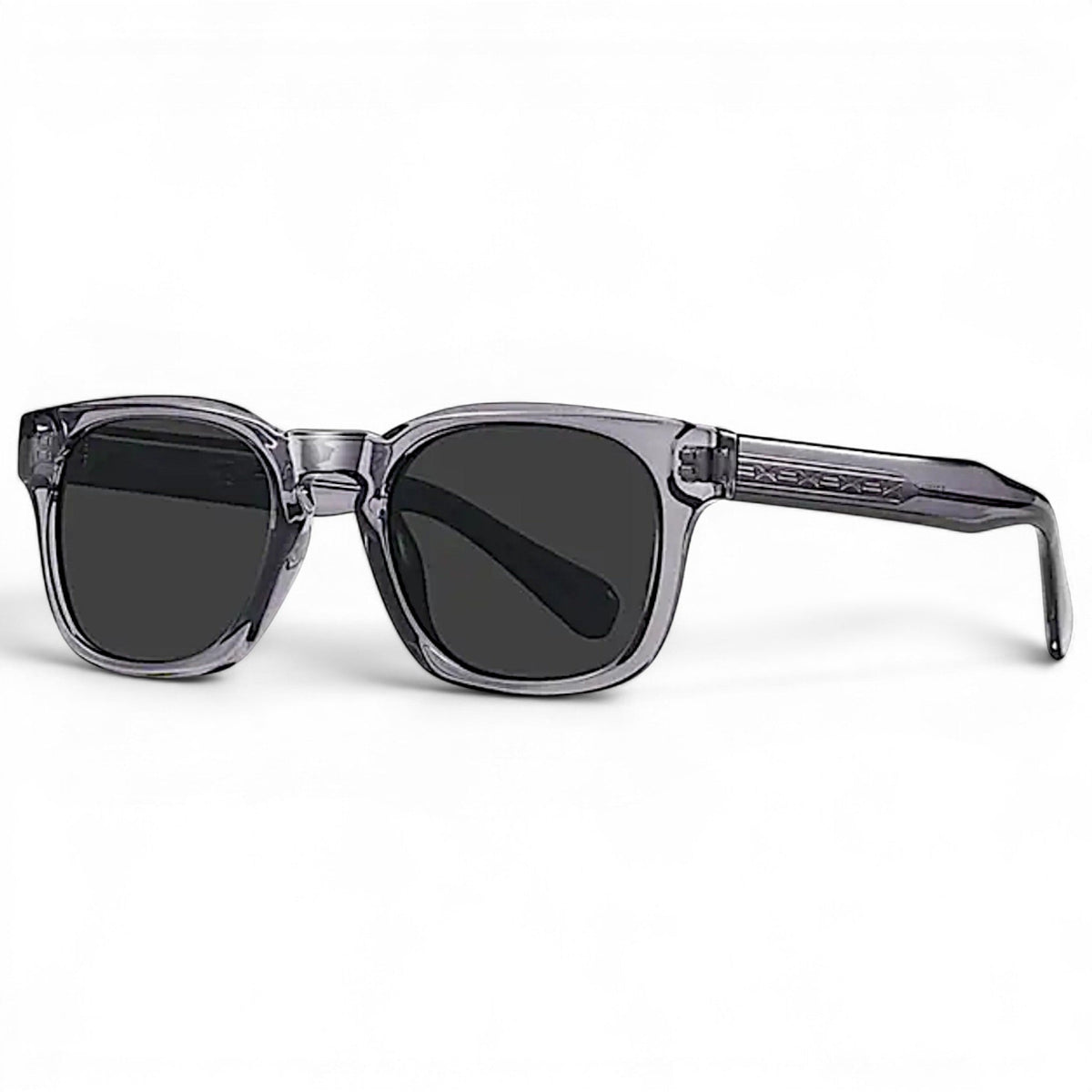 Nadaraty eyewear Horus Enzo H 160 grey translucent square sunglasses with dark lenses and engraved temples.