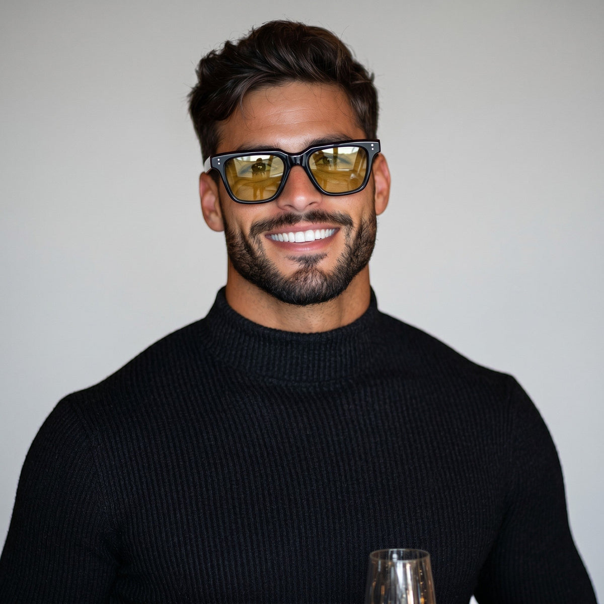 nadaraty eyewear Horus Fit H 133 black acetate square sunglasses with yellow lenses.