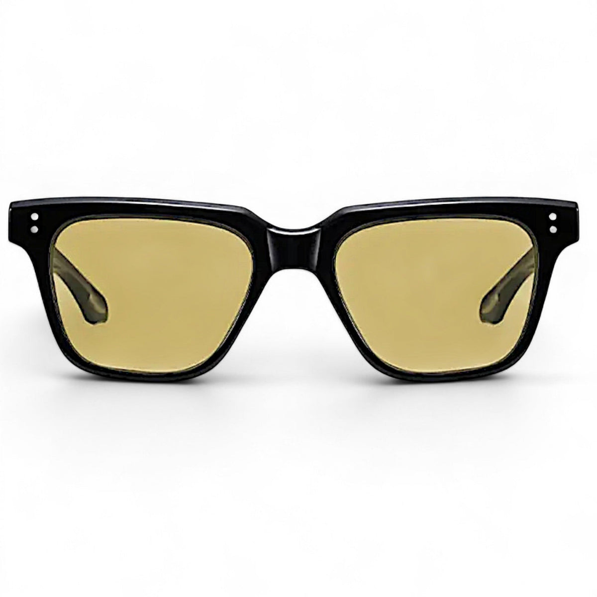 nadaraty eyewear Horus Fit H 133 black acetate square sunglasses with yellow lenses and silver dot accents.