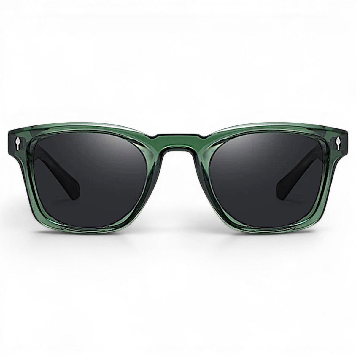 nadaraty eyewear Horus Kaizon sunglasses in translucent green acetate with dark lenses and silver rivets.