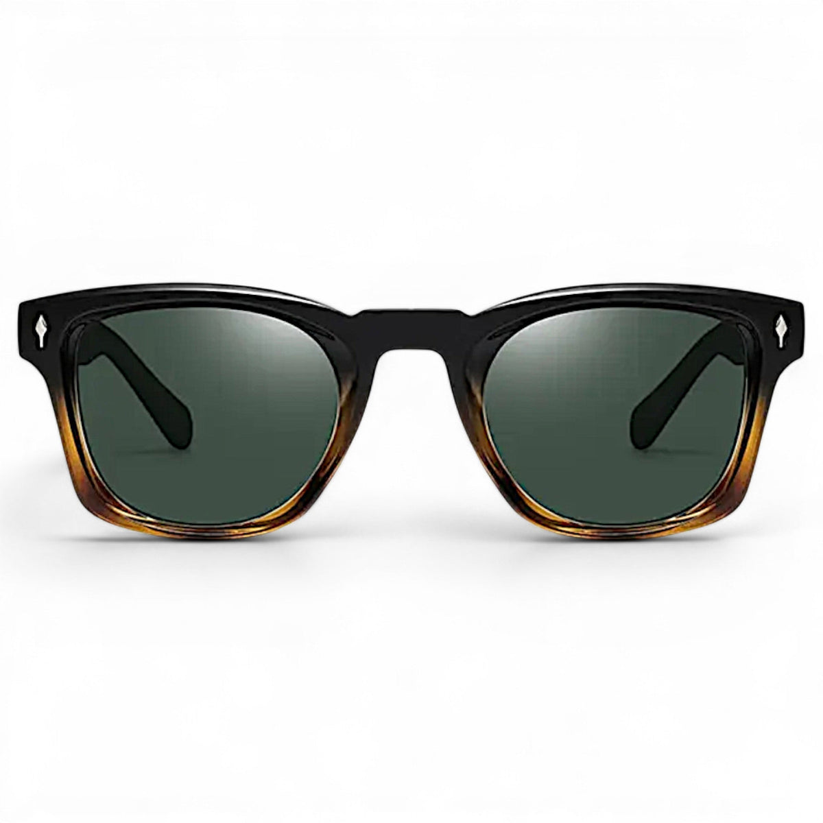 nadaraty eyewear Horus Kaizon sunglasses with black and amber tortoise shell acetate frame and green lenses.
