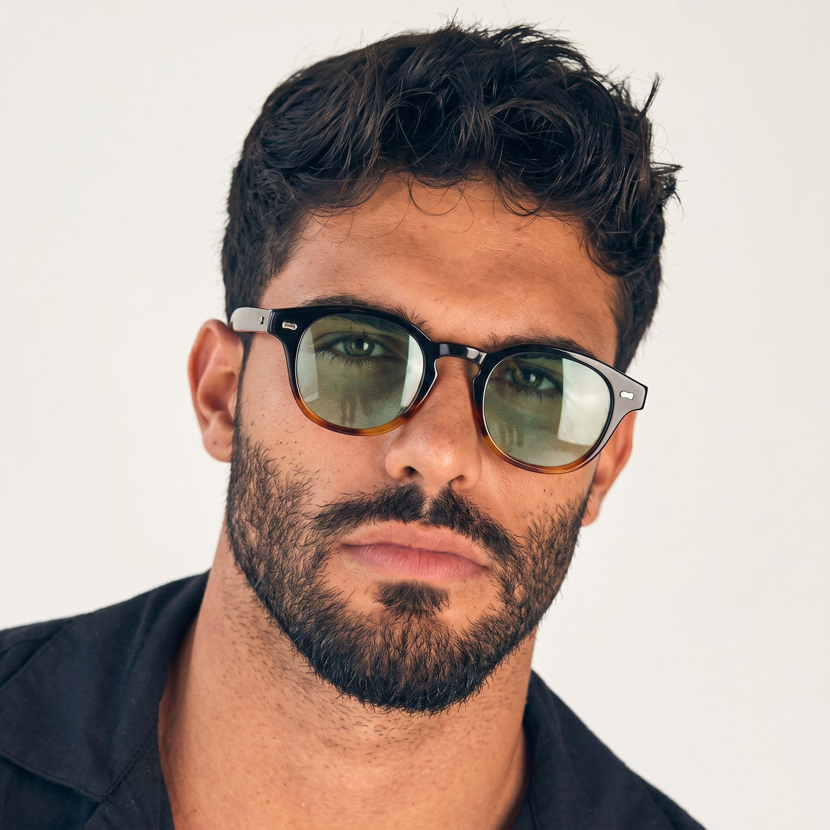 nadaraty eyewear Horus Lucas H142 black and tortoiseshell round sunglasses with green lenses