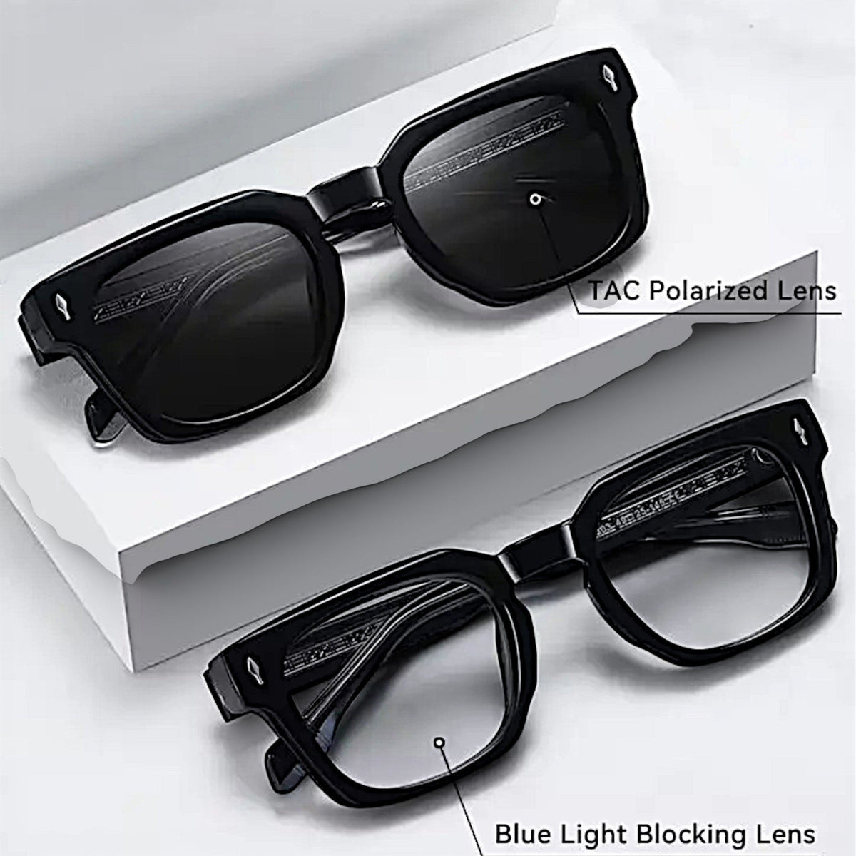 nadaraty eyewear Horus Milano H 158 black acetate square frame glasses with blue light blocking lenses and sunglasses with TAC polarized lenses.