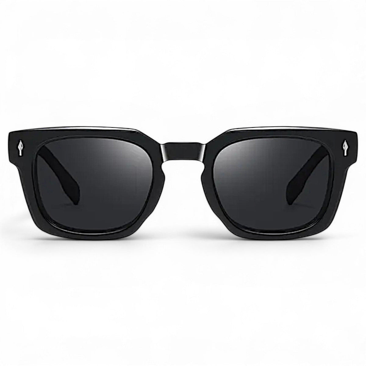 nadaraty eyewear Horus Milano H 158 black square acetate sunglasses with dark lenses and silver detail on temples.