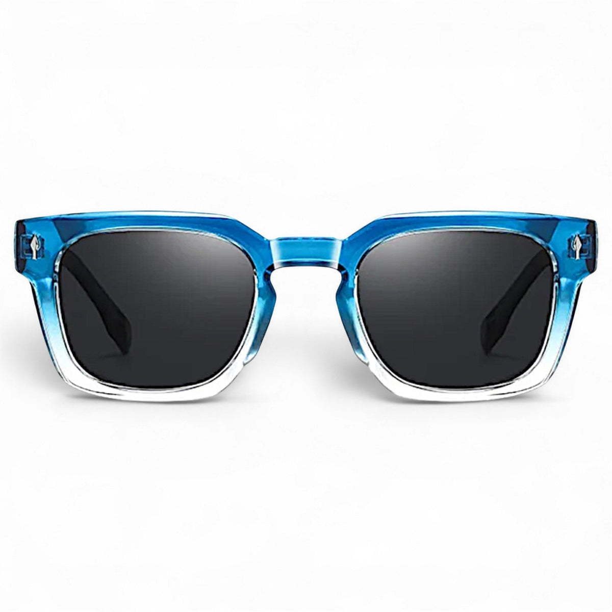nadaraty eyewear Horus Milano H 158 blue translucent square frame sunglasses with dark lenses.