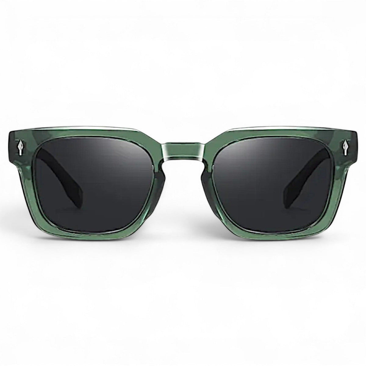 nadaraty eyewear Horus Milano H 158 square green acetate sunglasses with dark lenses and silver accents.