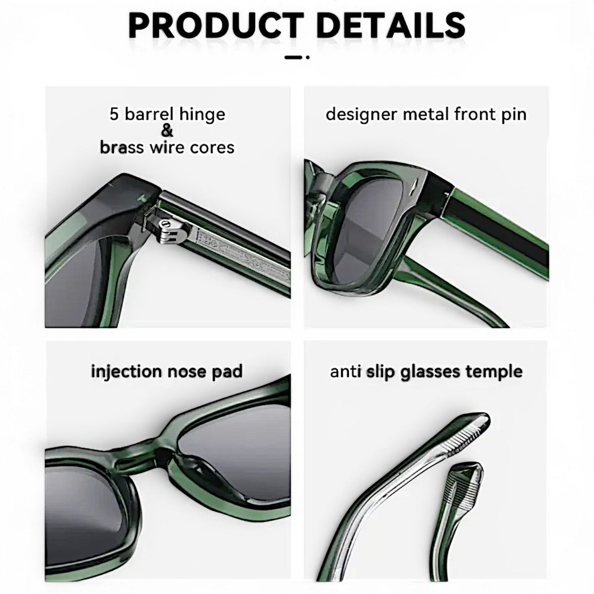 nadaraty eyewear Horus Milano H 158 green acetate square sunglasses with 5 barrel hinge and anti-slip temple
