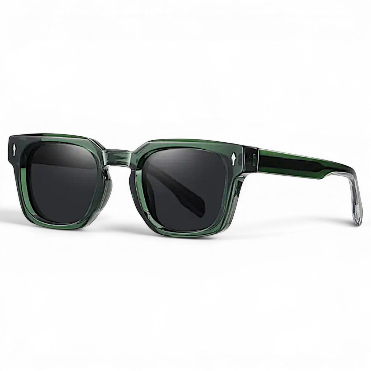 nadaraty eyewear Horus Milano H 158 square green acetate sunglasses with dark lenses and silver accents.