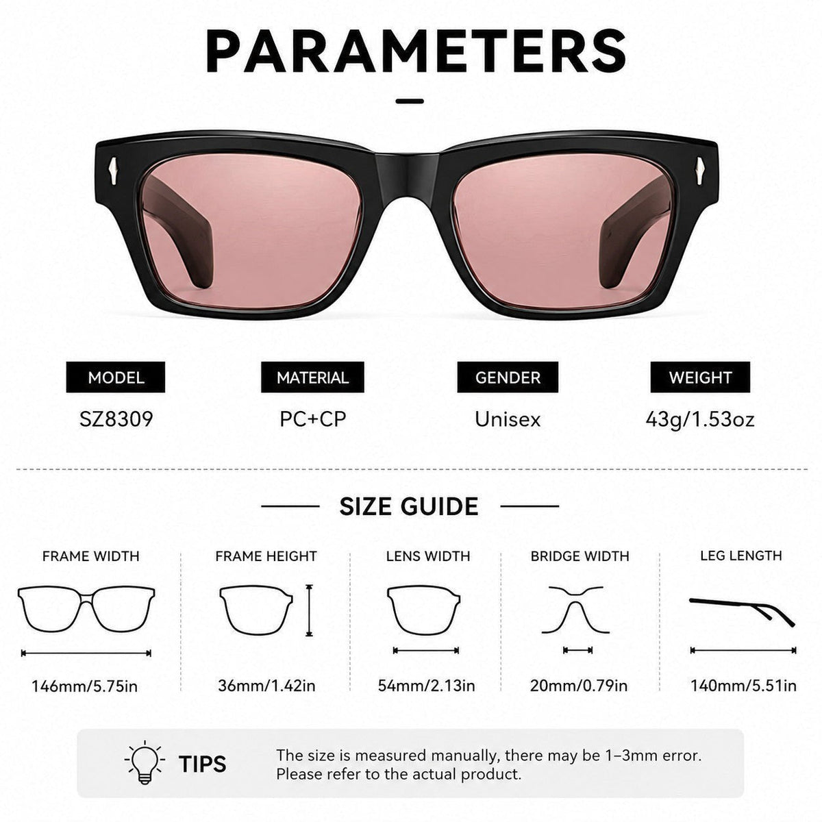 nadaraty eyewear Horus Oryx H 140 black acetate square sunglasses with pink UV400 lenses.