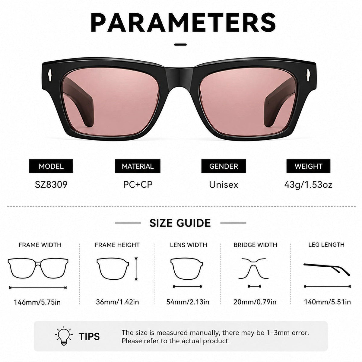 nadaraty eyewear Horus Oryx H 140 black acetate square sunglasses with pink UV400 lenses.