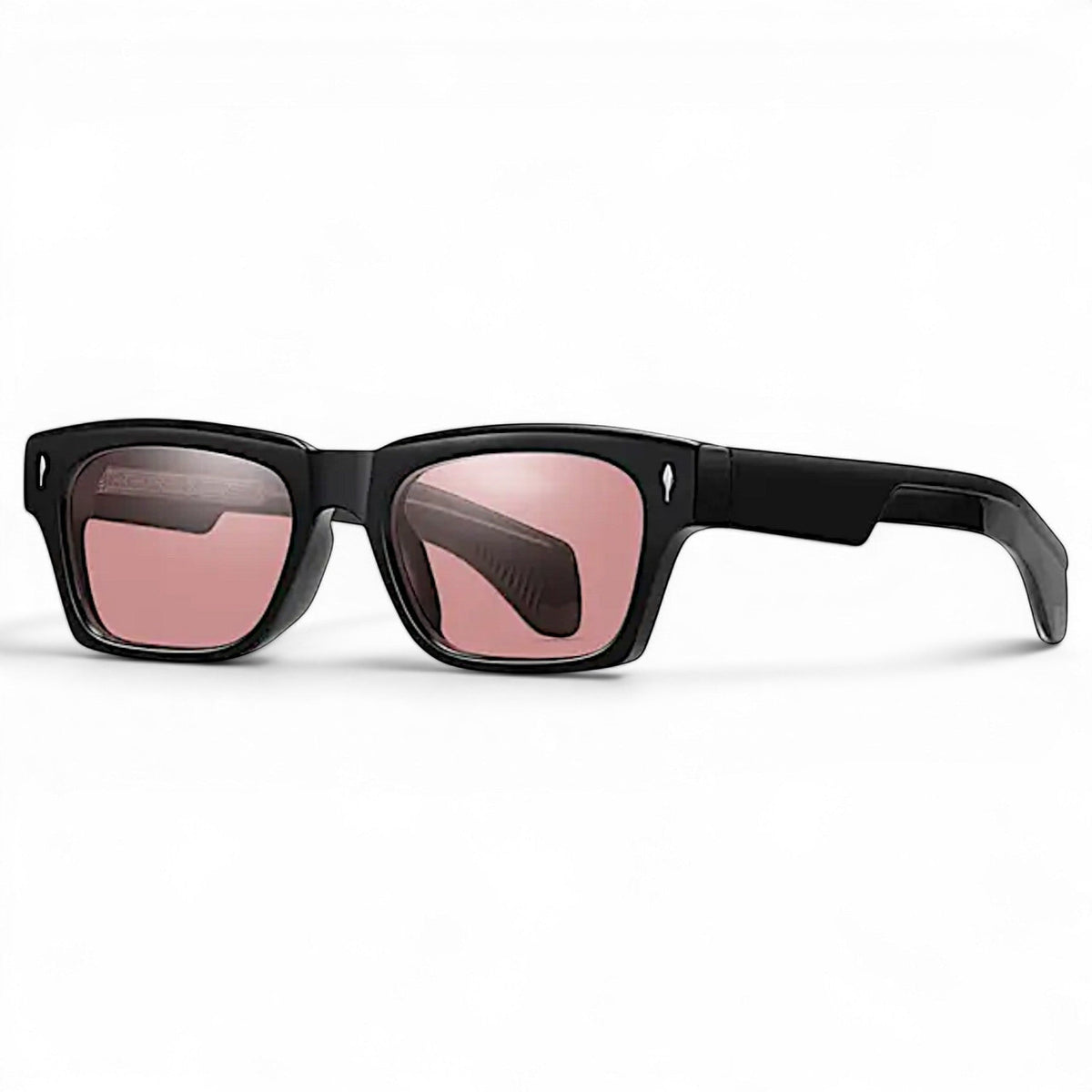 Nadaraty eyewear Horus Oryx - H 140 black acetate sunglasses with pink tinted lenses and thick rectangular frames.